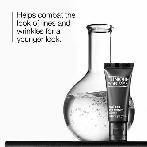 Image 1 - Image shows a glass laboratory flask partially filled with water and a tube of Clinique for Men anti-age eye cream, with visible text that reads helps combat the look of lines and wrinkles for a younger look, and Clinique for Men anti-age eye cream.
Image 2 - An overhead view shows a clear plate with two green tea leaves and a droplet of liquid, alongside a bowl pouring a golden liquid labeled Vitamin E, with another label for Green tea extract.
Image 3 - A close-up image of a creamy, light beige substance with water droplet and wave icons, accompanied by the words hydrate and smooth.