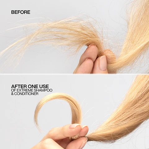 Image 1, before and after one use of extreme shampoo and conditioner. Image 2, extreme routine. step 1 = shampoo, step 2 = condition, step 3 = treat. Image 3 and 4, before and after one use of extreme shampoo and mask. Image 5, apply to wet hair, massage into a lather and rinse. Image 6, formulated with protein. Image 7, damage repair routine, shampoo, condition and treat. Image 8, lookfantastic verified customer review = great for damaged hair, i love the redken extreme collection when my hair is in need of some TLC. Image 9, extreme shampoo for damage repair, 73% less breakage, promotes hair health.