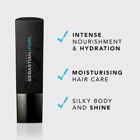 Image 3 - A black and silver tube of Sebastian Professional HYDRA hair care product is shown, with text listing its benefits: intense nourishment and hydration, moisturising hair care, and silky body and shine.
Image 5 - The image shows a white tube labeled Sebastian HYDRE with three checkmarks next to the text: Intense Nourishment & Hydration, Moisturising Hair Care, Silky Body and Shine.
Image 7 - Image shows three hair care products: a black bottle labeled Sebastian Hydre, a white bottle labeled Sebastian Hydre, and a white pump bottle, with text that says combine with Hydre Conditioner & Hydre Treatment for best results.