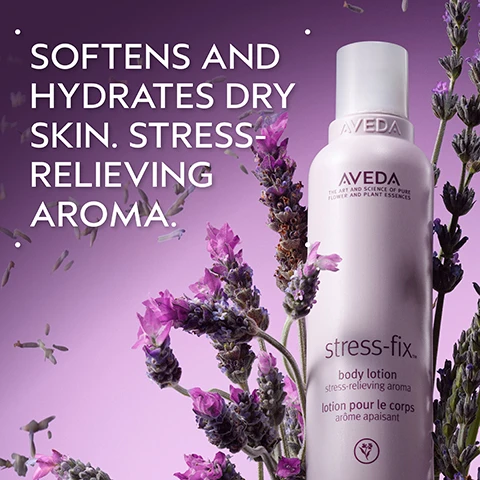Image 2 - A light purple Aveda Stress-Fix body lotion bottle stands amidst lavender flowers and scattered petals on a purple background, displaying the text SOFTENS AND HYDRATES DRY SKIN. STRESS-RELIEVING AROMA. AVEDA THE ART AND SCIENCE OF PURE FLOWER AND PLANT ESSENCES stress-fix body lotion stress-relieving aroma lotion pour le corps arôme apaisant. Image 3 - A dark green image features a central light pink circle with several sprigs of purple lavender flowers and green sage leaves, with the large white text EMBRACE SERENITY at the top and smaller white text A STRESS-RELIEVING AROMA WITH LAVENDER, LAVANDIN, AND CLARY SAGE at the bottom. Image 4 - A swirled dollop of thick, creamy white product on a light grey background, highlighting its rich and smooth texture. Image 5 - A line of five Aveda Stress-Fix lavender-scented products, including a lotion bottle, an oil bottle, a soaking salts jar, a concentrate rollerball, and a body creme jar, are arranged on a dark surface against a purple gradient background with lavender sprigs and floating petals, accompanied by the text: HOW TO USE 01 BATH Stress Fix™ Soaking Salts & Composition Oil 02 BODY Stress Fix™ Body Lotion & Body Creme 03 ON-THE-GO Stress Fix™ Concentrate Rollerball AVEDA THE ART AND SCIENCE OF PURE FLOWER AND PLANT ESSENCES stress-fix body lotion stress-relieving aroma lotion pour le corps arôme apaisant AVEDA THE ART AND SCIENCE OF PURE FLOWER AND PLANT ESSENCES stress-fix composition oil stress-relieving aromatic oil for body, bath and scalp huile aromatique apaisante pour le corps, le bain et le cuir chevelu AVEDA THE ART AND SCIENCE OF PURE FLOWER AND PLANT ESSENCES stress-fix soaking salts stress-relieving aroma sels de bain arôme apaisant AVEDA stress-fix concentrate stress-relieving aroma concentré arôme apaisant AVEDA stress-fix body creme/crème pour le corps stress-relieving aroma/arôme apaisant. Image 6 - Three white certification logos are displayed against a dark green plant background with a hint of a red plant stem: the 100% Vegan logo featuring a large V, the Certified B Corporation logo with a B inside a circle, and the Cruelty Free International leaping bunny logo.