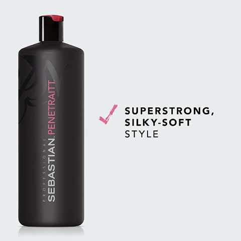 Image 2 - A black bottle of Sebastian Professional Penetraitt shampoo is displayed on a light blue background with the text SUPERSTRONG, SILKY-SOFT STYLE alongside a pink checkmark.
Image 4 - Image illustrating the steps for using a shampoo, featuring icons for massaging shampoo into wet hair, rinsing thoroughly, and repeating if necessary, with the text HOW TO USE, MASSAGE THE SHAMPOO INTO WET HAIR, RINSE THOROUGHLY, and REPEAT IF NECESSARY.
Image 6 - Three hair care products are displayed, including a black bottle labeled Sebastian Penetraitt and two white bottles, with the text Combine with Penetraitt Conditioner & Penetraitt Mask for extra care on the right side.