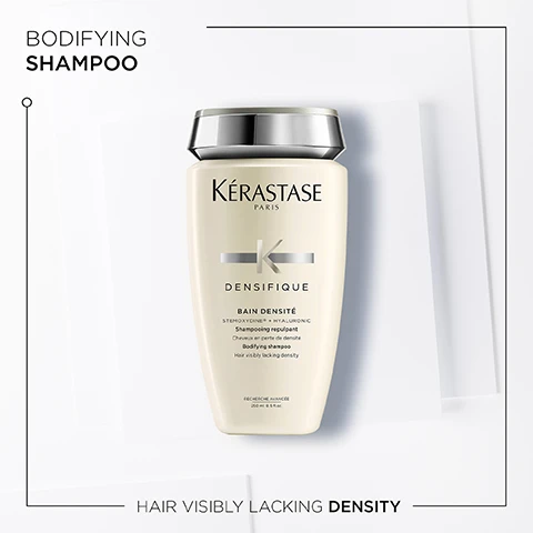 Image 1 - A light cream-colored Kérastase Densifique shampoo bottle with a silver cap is centered on a white background with decorative lines, featuring the text BODIFYING SHAMPOO, KÉRASTASE PARIS, -K- (logo), DENSIFIQUE, BAIN DENSITÉ, STEMOXYDINE® + HYALURONIC, Shampooing repulpant, Cheveux en perte de densité, Bodifying shampoo, Hair visibly lacking density, RECHERCHE AVANCÉE, 250 ML 8.5 FL.OZ., and HAIR VISIBLY LACKING DENSITY. Image 2 - Several glass containers hold different clear and white liquid ingredients, labeled Hyaluronic Acid, Intra-Cylane, and Stemoxydine. Image 3 - A man with dark, wavy hair and a beard, wearing a white shirt and gray jacket, smiles at the camera next to text that reads Densifique Bain Densité, THE PROFESSIONAL INSIDE, HOVIG ETOYAN Global Professional Ambassador, If your hair is fine or is not as dense as you would like it to be, then the Bain Densité from Densifique is what you’re looking for! You will quickly see an increase of thickness on stronger hair.