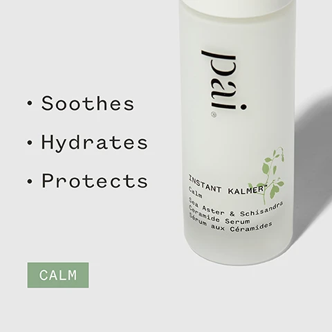 Image 1 - A white bottle of skincare serum labeled Pai Instant Kalmer, featuring text that states it soothes, hydrates, and protects, with additional information about calming ingredients like sea aster and schisandra.
Image 2 - A hand holding a pump bottle of skincare product with a neutral background shows text stating 84% said skin felt calmer and includes certification logos for Soil Association Organic, Vegan, and Certified B Corporation, along with a note about a consumer trial.