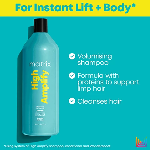 Image 1, for instant lift and body, volumising shampoo, formula with proteins to support limp hair, cleanses hair. Image 2, high amplify, volumising haircare system with instant lift and body for lasting volume, cleanse with volumising shampoo and nourish with volumising conditioner. Image 3, new look - same great formula.