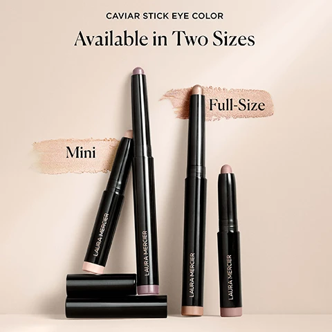 image 1, caviar stick eye colour. available in two sizes mini and full size. image 2, caviar stick finish finder. matte - soft natural finish. shimmer - luminous finish. chrome - high metallic sheen. new rose flow = dewy lustrous finish. image 2, swathes of copper, amethyst and cocoa. image 3,