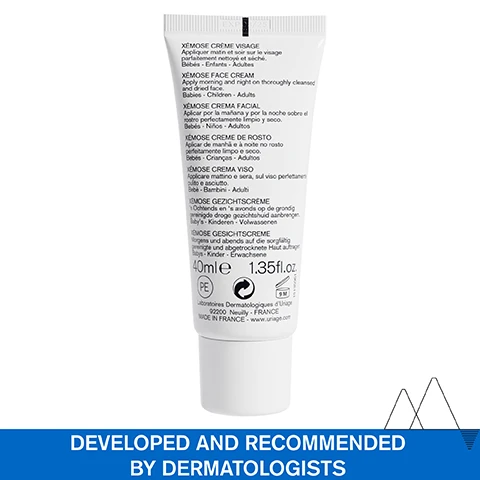 Image 1 - A white tube of Uriage Xemose cream with the text XEMOSE CREME VISAGE XEMOSE FACE CREAM XEMOSE CREMA FACIAL XEMOSE CREME DE ROSTO XEMOSE CREMA VISO XEMOSE GEZICHTSCRÈME XEMOSE GESICHTSCREME 40mle 1.35fl.oz Laboratoires Dermatologiques dUriage MADE IN FRANCE EXP 08/25 and DEVELOPED AND RECOMMENDED BY DERMATOLOGISTS. Image 2 - Close-up of a finger applying a blob of cream to a cheek, with text overlays stating DRY SKIN - PRONE TO ATOPY, Soothing face cream, Fragrance-free, and Non-sticky & non-greasy. Image 3 - Before and after images show skin with reduced redness after 26 days BEFORE AFTER 26 DAYS CLINICAL PICTURES NOURISHES THE SKIN* & REDUCES REDNESS** *Clinical study under dermatological control - 20 volunteers - 28 days **Clinical study under dermatological control - 30 volunteers - 4 weeks - twice a day Image 4 - A tube of Uriage Xémose face cream with text that reads FACE CREAM WITH 10% SHEA BUTTER 24H HYDRATION* NOURISHES SOOTHES & PROTECTS *Hydration test by corneometry on 10 subjects, after a single application. Image 5 - An image with the heading ADVANCED DERMATOLOGICAL FORMULA and a list of ingredients and benefits SHEA BUTTER 10 Intensely nourishes skin & soothes CERAMIDES Restructure & protect skin from external aggressions BREVET URIAGE CERASTEROL .2F URIAGE PATENT CHRONOXIN PATENT Immediately soothes itching sensation BREVET URIAGE CHRONO -XINE URIAGE PATENT URIAGE THERMAL WATER 100 pure & natural Softens & soothes all skin types LEAU THERMALE DES ALPES URIAGE FRENCH ALPS THERMAL WATER. Image 6 - A diagram shows five features listed vertically next to icons: Developed and recommended by dermatologists, Suitable for dry skin prone to atopic eczema, Suitable for patients on cancer treatment, Fragrance-free, Non-comedogenic. Image 7 - An image shows a tube of Uriage Xemose Face Cream and a stick of Uriage Xemose Moisturizing Lipstick with text 1 Nourish URIAGE EAU THERMALE Xémose CRÈME VISAGE Nourrit Apaise Protège FACE CREAM Nourishes Soothes Protects PEAUX TRÈS SÈCHES OU À TENDANCE ATOPIQUE VERY DRY SKIN OR PRONE TO ATOPY NON PARFUMÉ UNSCENTED URIAGE LEAU THERMALE DES ALPES and 2 Hydrates lips URIAGE EAU THERMALE Xémose STICK LÈVRES HYDRATANT MOISTURIZING LIPSTICK LÈVRES DESSÉCHÉES DRIED LIPS NON PARFUMÉ UNSCENTED TESTÉ SOUS CONTRÔLE DERMATOLOGIQUE URIAGE LEAU THERMALE DES ALPES 4g 0.14 net wt. Image 8 - A tube of Uriage Xemose Face Cream is shown with a swipe of cream beside it and a seal that reads RECOMMENDED BY DERMATOLOGISTS URIAGE EAU THERMALE Xémose CRÈME VISAGE Nourrit Apaise Protège FACE CREAM Nourishes Soothes Protects PEAUX TRÈS SÈCHES OU À TENDANCE ATOPIQUE VERY DRY SKIN OR PRONE TO ATOPY NON PARFUMÉ/ UNSCENTED URIAGE, LEAU THERMALE DES ALPES.
