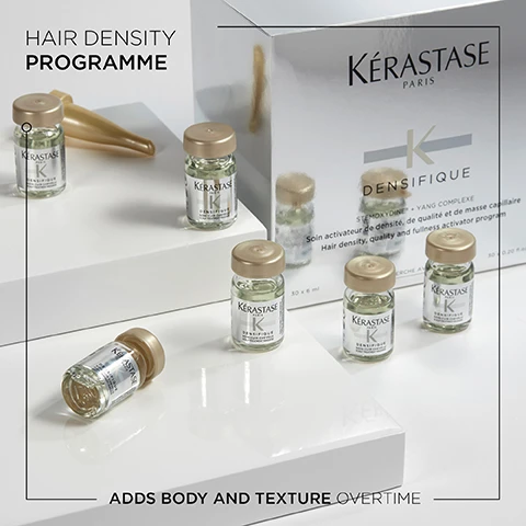 Image 1 - A collection of Kérastase Densifique hair density treatment vials with a shiny silver box in the background, featuring the text HAIR DENSITY PROGRAMME and ADDS BODY AND TEXTURE OVERTIME.
Image 2 - A woman with short, wavy blonde hair is shown in profile, touching her neck, while a collection of Kérastase hair products is displayed at the bottom, and text reads DENSIFIQUE, infused with hyaluronic acid and intra-cylane helps to give instant, long-lasting fullness and bounce.
Image 3 - Three transparent petri dishes contain liquids with varying textures and bubbles, labeled with visible text: HYALURONIC ACID, INTRA-CYLANE, and STEMOXYDINE.
Image 4 - A man with curly hair and a beard smiles in a suit against a white background, with text stating he is Hovig Etoyan, Global Professional Ambassador, and discussing Densifiques benefits for thinning hair.
