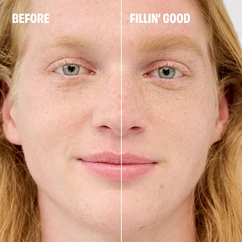 Image 1 - A close-up of a persons face split down the middle, showing the left side labeled BEFORE with visible freckles and imperfections, and the right side labeled FILLIN GOOD displaying smoother skin.
Image 2 - An eyebrow pencil is shown on the left side with a dark angled tip, against a pink background, alongside text highlighting its features: Glide-on formula for fast & easy filling, Non-sharpen, goof-proof tip, Waterproof with 12-hour longwear.
Image 3 - A color chart displaying various hair shades with labels from 1 to 6, including shades such as cool light blonde, warm golden blonde, warm auburn, and cool grey.
Image 4 - An image showing two eyebrow pencil products from Benefit, one labeled as FULL SIZE with a spoolie brush on one end and the other labeled as MINI with a slanted tip, both featuring a white body with red text.