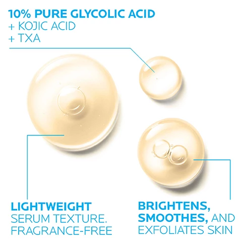 Image 1, 10% pure glycolic acid, plys kojic acid plus TXA, brightens smoothes and exfoliates skin, lightweight serum texture, fragrance free. Image 2, dermatologist recommended, board certified dermatologist dr hadley king says - serums containing an alpha hydropxy acid (AHA) help remove skin debris, oil and grease from skin pores, but may in turn increase the skin's sensitivity to the sun. incorporating a daily sunscreen after applying an AHA-containing serum helps prevent sunburn and photosensitivity. Image 3, key dermatological ingredients. glycolic acid, alpha hydroxy acid - known for its skin exfoliating properties. tranexamic acid (RXA), amino acid deriviative - helps address the appearance of skin discolorations and overall skin complexion. vitamin B5, panthenol (provitamin B5) - helps skin feel soothed and moisturized. Image 4, apply 3-4 drops every evening to face. Image 5, 10% pure glycolic acid - an alpha hydroxy acid (AHA) is an effective exfoliating agent to help reduce the look of dark spots and discolorations. derm tip = due to increase skin sensitivity as a result of AHA use, use in association with SPF protection such as Antheliose Ultra Light Face Sunscreen SPF 60. Image 6, dermatologist tested, allergy tested, suitable for sensitive skin, oil free and non comedogenic.