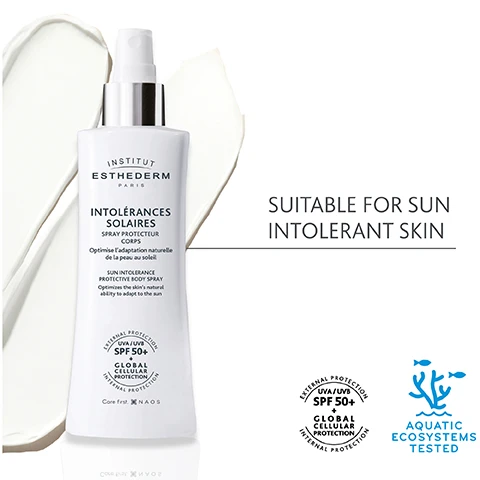 Image 1, suitable for intolerant skin. image 2, 9100% skin sensitivity in the sun is reduced. 100% skin's ability to adapt to the sun is improved. satisfaction questionnaire on 22 volunteers aged 25 to 62 with sensitive, reactive and sun intolerant skin - 35 days of use. image 3, face - sun intolerance SPF 50+. body = sun intolerance SPF50 body. for intolerant and hyper reactive skin in the sun that wants to adapt gradually.