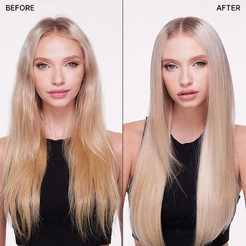 Image 3 - A side-by-side image showing a woman with long, wavy blonde hair on the left labeled BEFORE and the same woman with straight, sleek blonde hair on the right labeled AFTER.
Image 4 - A cylindrical white spray bottle labeled WOW Color Control is surrounded by six icons indicating features such as cruelty-free, vegan, and no alcohol, with text stating it neutralizes yellow brassiness in light shades, renews elasticity and boosts volume, and mentions it is lightly-tinted and free of messy inky dyes.
Image 5 - A close-up image of a creamy purple product with a swirl shape, featuring text that states 91% of testers said their color was noticeably brighter + brass-free after one use, with a note below it that says based on an independent consumer study.