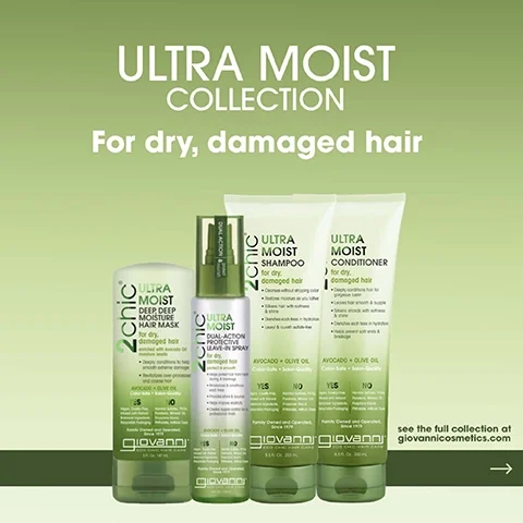 Image of a hair care product collection labeled ULTRA MOIST COLLECTION for dry, damaged hair featuring four products: Ultra Moist Deep Deep Moisture Hair Mask, Ultra Moist Shampoo, Ultra Moist Conditioner, and Dual-Action Protective Leave-In Spray, all surrounded by a green background with text reading see the full collection at giovannicosmetics.com.