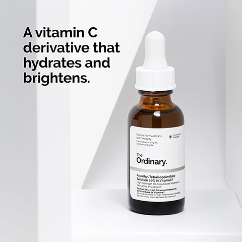 Image 1 - A brown glass dropper bottle labeled The Ordinary with a white cap and a white label, placed in a minimalistic setting, next to text that reads A vitamin C derivative that hydrates and brightens.
Image 2 - A brown glass dropper bottle of The Ordinary skincare product is positioned on a white geometric surface, with text beside it stating that it contains 20% ascorbyl tetraisopalmitate to help reduce signs of aging, brighten, and balance uneven skin tone, and mentions Vitamin F for supporting skins hydration barrier.
Image 3 - A person with short, curly hair applying a product to their cheek, with the text Apply a few drops to the face in the morning and evening. visible beside them.
Image 4 - An illustration of a circular white oil application with a label pointing to it that reads Lightweight oil.
Image 5 - Image shows a series of skincare product textures arranged in three horizontal sections labeled PREP, TREAT, and SEAL, with visible products including cleansers, toners, water-based serums, eye serums, anhydrous solutions, oils, suspensions, moisturizers, and SPF.