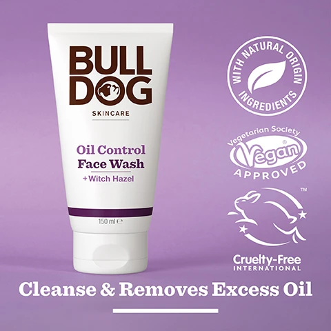 Image 2 - A tube of Bulldog Skincare Oil Control Face Wash with a purple label, featuring text that reads Cleanse & Removes Excess Oil, along with symbols for vegan and cruelty-free certifications, on a light purple background.
Image 3 - A close-up image of yellow witch hazel flowers with the text 95% Natural Origin, Unlock the true potential of natural origin ingredients, and Witch Hazel.
Image 4 - A tube of Bulldog Skincare Oil Control Face Wash with visible text stating Oil Control Face Wash + Witch Hazel, Cleanses & Removes Excess Oil, 150 ml, and information about the tube being made from over 27% sugarcane and over 62% PCR plastic, with a label indicating Recycled Tube.
Image 5 - Three Bulldog Skincare products are displayed on a white surface: an Oil Control Face Wash with Witch Hazel, an Oil Control Face Scrub with Charcoal, and an Oil Control Moisturiser with Witch Hazel, with text at the bottom reading Mattify & Balance Oil Prone Skin.
