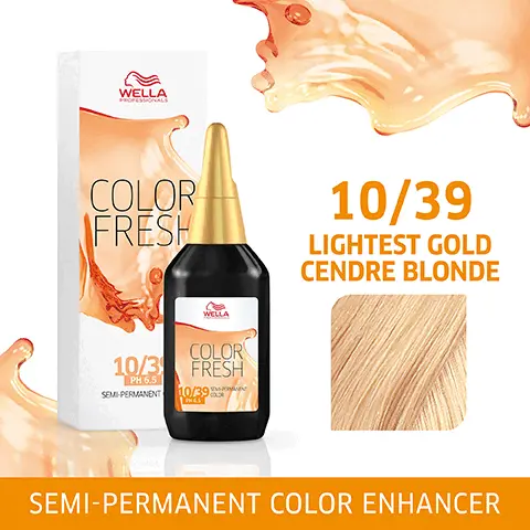 Image 1, WELLA PROFESSIONALS COLOR FRESH WELLA 10/3 PH 6.5 SEMI-PERMANENT COLOR FRESH 10/39 10/39 LIGHTEST GOLD CENDRE BLONDE SEMI-PERMANENT COLOR ENHANCER Image 2, 10/39 LIGHTEST GOLD CENDRE BLONDE Image 3, HEALTHY-LOOKING SHINE& COLOR Image 4, QUICK & EASY APPLICATION Image 5,CONDITIONING COLOR ENHANCER Image 6, LASTS UP TO 10 SHAMPOOS Image 7, EXPERT TIP WELLA ENRICH CARE RANGE PROFESSIONALS WELLA ENRICH THICK PROFESSIONALS WELLA PORESSIONIALS ENRICH ミ WELLA PROFESSIONALS ENRICH