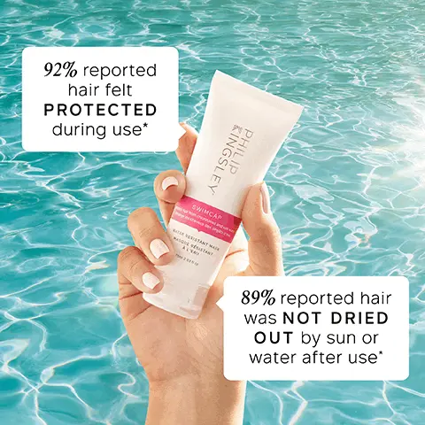 Image 1, 92% reported hair felt protected during use. 89% reported hair was not dried out by sun or water after use.Image 2, KINGSLEY PHILIP SWIMCAP hom chlorinated and saltwa s cheveux des dégits d'e TER RESISTANT MASK MASQUE RESISTANT A L'EAU
HYDROLYZED ELASTIN Increases elasticity for stronger hair & reduced breakage CASTOR OIL Locks in moisture that can be lost when hair is exposed to UV rays, salt water & chlorine OLIVE OIL High in Vitamin E to moisturise for shiny, healthy hair Image 3, absorbs UV, water resistant, chlorine proof, prevents colour fade, strengthens, deeply hydrates