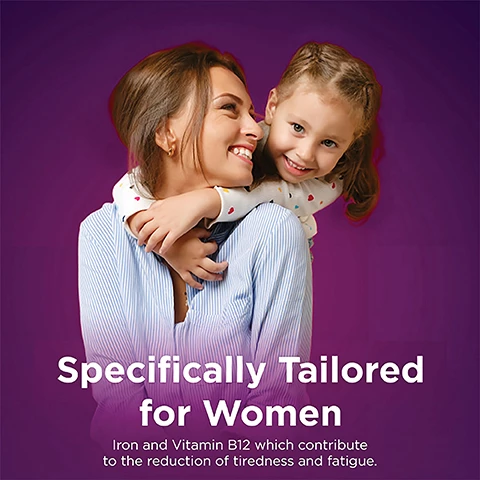 Image 1, specifically tailored for women, iron and vitamin b12 which contribute to the reduction of tiredness and fatigue. Image 2, specifically tailored for women vitamin b12 and b6 help unlock energy from your diet. Image 3, reduction in tiredness, immunity support, skin hair and nails, helps red blood cell formation. contains vitamin b12 to support energy release. vitamin c to help support normal immunity. biotin contributes to normal hair and skin. selenium contributes to normal nails. iron contributes to normal formation of red blood cells. Image 4, gluten free, no gmo, lactose free, sugar free, nut free. Image 5, world's number 1 multivitamin brand, based on worldwide value sets of the centrum range for verification please contact customer.relations@gsk.com. Image 5, customer review - these vitamins are great all rounder for women. contains iron which supports the regular formation of red blood cells.