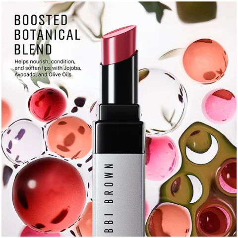 image 1, boosted botanical blend = helps nourish, condition and soften lips with jojoba, avocado and olive oils. image 2, fueled by a powerhouse blend of 6 oils, including olive, jojoba and avocado