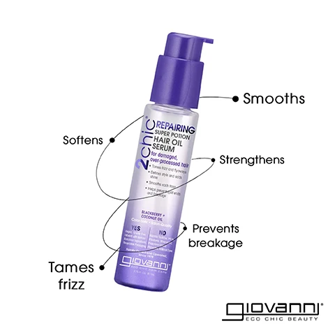 Image 1 - An image of a hair oil serum bottle with a purple pump top, featuring the text 2chic REPAIRING SUPER POTION HAIR OIL SERUM for damaged, over-processed hair along with benefits like Softens, Smooths, Strengthens, Tames frizz, and Prevents breakage, along with branding for Giovanni Eco Chic Beauty.
Image 2 - An infographic titled Hair Concerns: 3 Ways to Treat Them features three sections with images of hair serums; the first section labeled DAMAGED describes a serum for dry, unruly hair, the second section labeled OUT OF CONTROL describes a serum that smooths out of control hair, and the third section labeled DRY describes a serum for dry, damaged hair.