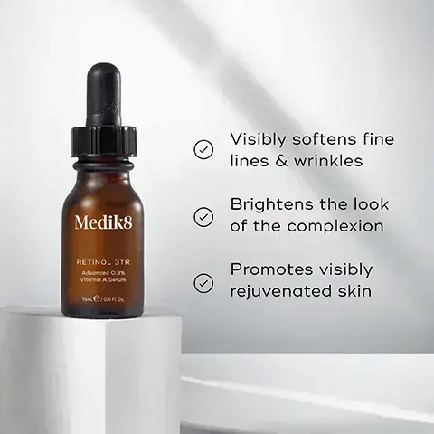 Image 1, Medik8 RETINOL 3TR Advanced 0.3% Vitamin A Serum 15e/05 FLO Visibly softens fine lines & wrinkles Brightens the look of the complexion Promotes visibly rejuvenated skin Image 2, PM Mediks HOW TO LAYER Medilsi Mediks Mediks CLEANSE TONE VITAMIN A MOISTURISE EXPERT ADVICE: Always follow with a sunscreen the next morning to maintain maximum age-defying results image 3, retinol 0/3% - softens the appearance of fine lines and wrinkles. vitamin e - delivers free radical protection and stabilises retinol for optimal power. jojoba oil - nourishes skin and also helps to stabilise retinol.