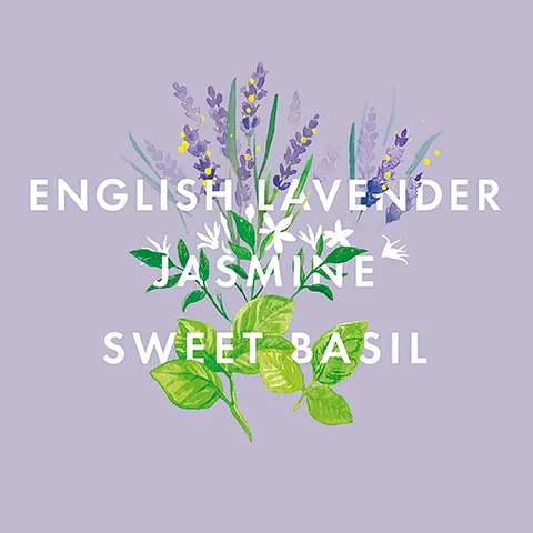 A bouquet of lavender, jasmine, and sweet basil is illustrated against a light purple background, with the text ENGLISH LAVENDER JASMINE SWEET BASIL displayed prominently in white.