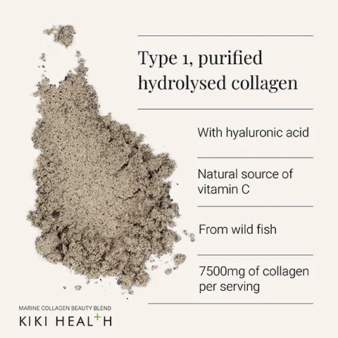 Image 1 - Image shows a light beige, powdery substance with a textured surface, labeled Type 1, purified hydrolysed collagen, and includes text that states With hyaluronic acid, Natural source of vitamin C, From wild fish, and 7500mg of collagen per serving, along with the brand name KIKI HEALTH.