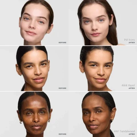 Before and after photos of three models show results with shades 1N1 Ivory, 4W4 Hazel, and 6W1 Sandalwood, featuring text labels BEFORE and AFTER for each.