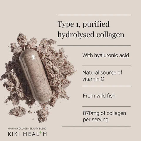 Image 1 - An image of a capsule of Type 1 purified hydrolysed collagen surrounded by a powdery substance, with visible text stating With hyaluronic acid, Natural source of vitamin C, From wild fish, and 870mg of collagen per serving, along with the brand name KIKI HEALTH at the bottom.