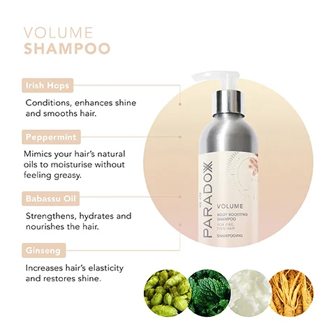 VOLUME SHAMPOO Irish Hops Conditions, enhances shine and smooths hair. Peppermint Mimics your hair's natural oils to moisturise without feeling greasy. Babassu Oil Strengthens, hydrates and nourishes the hair. Ginseng Increases hair's elasticity and restores shine. PARADOX 具 VOLUME BODY BOOSTING SHAMPOO FOR FINE THIN HAIR SHAMPOOING