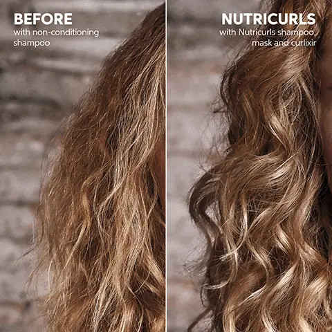 Image 1, BEFORE with non-conditioning shampoo NUTRICURLS with Nutricurls shampoo, mask and curlixir Image 2, WHEAT BRAN EXTRACT PANTHENOL JOJOBA OIL NOURISH-IN COMPLEX