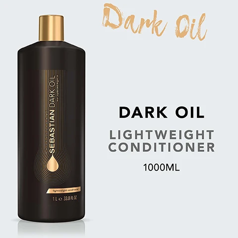 Image 2 - A black bottle of Sebastian Dark Oil lightweight conditioner is centered on a light blue background, with the words Dark Oil, Lightweight Conditioner, and 1000ML displayed prominently.
Image 3 - A dark bottle of Sebastian Dark Oil lightweight conditioner with visible text stating DETANGLES & SMOOTHS, KEEPING HAIR LIGHTWEIGHT, SMOOTH HAIR WITH BODY, and 3X SMOOTHER HAIR* along with a note at the bottom saying *WHEN COMBINED WITH THE FULL DARK OIL RANGE.
Image 5 - Instructions on how to use a product are displayed, including an icon for removing excess water, followed by the text REMOVE EXCESS WATER, an icon for distributing through the hair, followed by DISTRIBUTE THROUGH THE HAIR, and an icon for rinsing, followed by RINSE THOROUGHLY.
Image 7 - Image of jojoba and argan oil showcasing several dark brown seeds on a green leaf with droplets of oil and the text JOJOBA & ARGAN OIL.