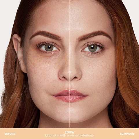 Image 2 - A womans face is split vertically, showing a before-and-after comparison with natural skin and freckles on the left and smoother, made-up skin on the right, with text reading BEFORE 200W Light skin with a warm undertone LUMINOUS. Image 3 - A compatibility chart for makeup products showing shades for fair skin tones, with the following visible text: FAIR, LUMINOUS FOUNDATION, IMPECCABLE FOUNDATION, BEAUTY BALM, MAGIC TOUCH CONCEALER, 130N, OCR, 2, 3,4, 140N, 1N, 4, 3,4, 150W, 1CR, 3,4, 3,4, 160C, 1.5N, 4, 3,4. Image 4 - A compatibility chart for makeup shades in the Light range, listing Luminous Foundation shades 200W, 210N, 220N, 230N, 250C, 260N, and their corresponding shades for Impeccable Foundation (1.5N, 2N, 2N, 3CR, 2.5W, 4N), Beauty Balm (5, 5, 6,7, 5,7, 8, 10), and Magic Touch Concealer (3,4, 3,5, 4,5, 5,7, 6,8, 8,9). Image 5 - A makeup shade chart showing six medium-toned foundation swatches alongside columns for Luminous Foundation, Impeccable Foundation, Beauty Balm, and Magic Touch Concealer product numbers, with the visible text: MEDIUM Luminous Foundation Impeccable Foundation Beauty Balm Magic Touch Concealer 300C 4WO 9 8, 9 305N 3W 9 8, 10 315N 3W 10 8, 10 320N 3N 10 8, 10 335W 4WP 9 10, 11 355N 4N 11 11, 13. Image 6 - A product shade chart titled TAN TO DEEP shows columns for Luminous Foundation, Impeccable Foundation, Beauty Balm, and Magic Touch Concealer, with swatches for Luminous Foundation and shades listed as: 420C, 5W, 12, 14, 15; 480C, 6W, 13, 17, 18; 500C, 7N, 14, 20, 21; and 510W, 7N, 14, 20, 21. Image 7 - A bottle of liquid foundation with a black pump is filled with a tan liquid, with the word FOUNDATION printed vertically on the bottle, and accompanying text stating MEDIUM COVERAGE WITH A LUMINOUS, NATURAL FINISH; LONG-WEARING, WATER-RESISTANT, LIGHTWEIGHT FORMULA; INSTANTLY MASKS IMPERFECTIONS + DISCOLORATION. Image 8 - A close-up of a womans face with smooth, even-toned skin, looking slightly left, next to the text 98% said their discoloration was covered naturally and their skin tone appeared more even. *In a user perception study of 116 women. Image 9 - Two foundation bottles, one with a rose gold cap labeled Anastasia Beverly Hills Impeccable Foundation and another with a black cap labeled Foundation Luminous Foundation, are displayed with their respective product details: Impeccable Foundation is Liquid with Medium to full coverage, Soft-matte, blurring, skin-like finish, offering benefits of Blurs, plumps, long-wearing, moisturizing, masks discoloration, ideal for Natural to glam makeup, with highlighted ingredients Hyaluronic Acid, Bixa Orellana, Phytoglycogen; Luminous Foundation is Liquid with Medium coverage, Radiant, natural finish, offering benefits of Blurs, masks discoloration, long-wearing, ideal for Luminous, barely-there makeup, with highlighted ingredients True Color Technology, Vitamin E, Soothing Seaweed Extract.