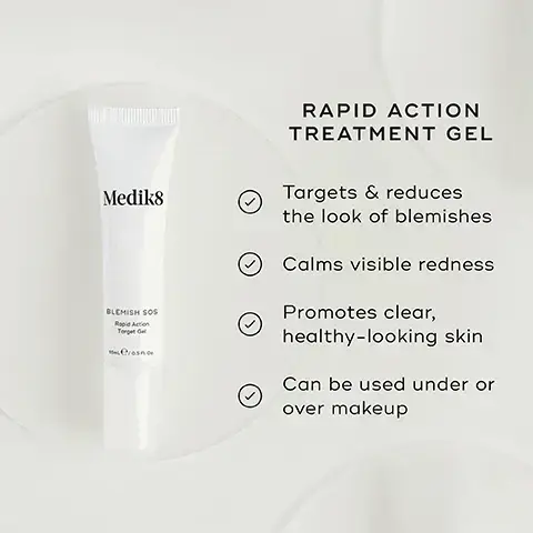 Image 1, rapid action treatment gel. targets and reduces the look of blemishes. calms visible redness. promotes clear, healthy looking skin, can be used under or over makeup. image 2, how to layer. AM = cleanse, target, vitamin c, sunscreen. PM = cleanse, tone, target, vitamin a. image 3, salicylic acid 2% - works to break down blemish causing build up. niacinamide - reduces visible redness and the look of oily skin. azelaic acid - reduces the look of blemishes.