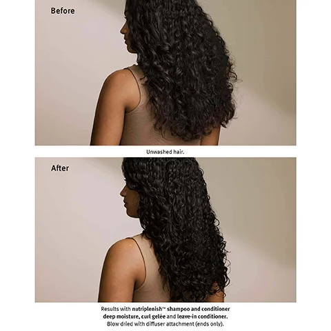 Image 1 - A woman with curly hair is shown from the side in two images, the first labeled Before with text indicating Unwashed hair, and the second labeled After with text stating Results with nutriplenish™ shampoo and conditioner deep moisture, curl gelée and leave-in conditioner. Blow dried with diffuser attachment (ends only).
