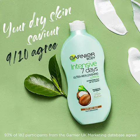 Image 1, your dry skin saviour 9/10 agree. Image 2, enriched with shea butter skin immediately feels soothed and softened hydration felt for up to 7 days