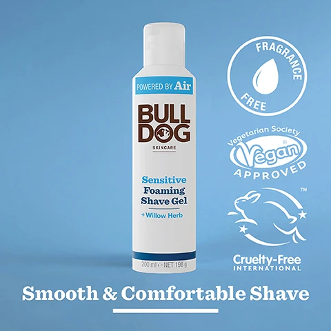 Image 2 - A bottle of Bulldog Sensitive Foaming Shave Gel is centered against a light blue background, featuring the text Powered by Air, Sensitive Foaming Shave Gel + Willow Herb, 200 ml e NET 198 g, as well as logos for vegan approval, cruelty-free certification, and the phrase Smooth & Comfortable Shave.
Image 3 - Close-up image of dried willow herb leaves on a light background with visible text that reads 90 % Natural Origin, Unlock the true potential of natural origin ingredients, and Willow Herb.
Image 4 - A close-up of a persons face being shaved with a razor, showing lather and the text Sensitive Skin below the image.
Image 5 - A bottle of Bulldog Sensitive Foaming Shave Gel is placed on a light surface next to a gray towel, with the text Powered by Air above the product and Sensitive Foaming Shave Gel + Willow Herb Smooth & Comfortable Shave visible on the bottle.
Image 6 - An image of two Bulldog Skincare products on a light blue background, featuring a can of Sensitive Foaming Shave Gel and a tube of Sensitive Aftershave Balm, with the text Smooth & Comfortable Shave displayed at the bottom.