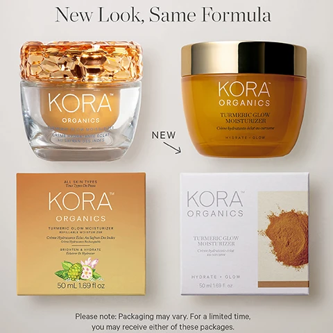 Image 1 - Image shows two jars of KORA Organics products, including one labeled KORA ORGANICS with a gold lid and another KORA ORGANICS TURMERIC GLOW MOISTURIZER in an amber jar, along with two boxes of the same product, one with a yellow design and the other in white, with visible text reading New Look, Same Formula and Please note: Packaging may vary. For a limited time, you may receive either of these packages.
Image 2 - An illustrated guide on recycling the Turmeric Glow Moisturizer, featuring a jar with a removable pod and four steps: remove empty pod, rinse out any remaining product, recycle the pod, and place new refill pod into glass jar, with text at the top reading KEEP YOUR GLOW WITHOUT THE WASTE and a note at the bottom to confirm your local recycling program.