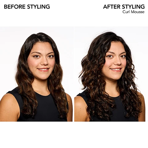Image 1 - Image shows a woman with long hair, smiling in two side-by-side portraits; the left is labeled BEFORE STYLING showing her hair straight and loose, while the right is labeled AFTER STYLING displaying her hair in curly waves with text Curl Mousse below.
Image 2 - Image shows a side-by-side comparison of a man with curly hair and a beard, labeled BEFORE STYLING on the left and AFTER STYLING on the right, with the right side also including the text Curl Mousse.
Image 3 - Image shows a purple background with white text that reads Bb. Curl at the top, followed by a description stating OUR CURL COLLECTION IS ENHANCED WITH A RICH BLEND OF OILS AND BUTTERS TO DEEPLY MOISTURIZE HAIR. Below are five bullet points with illustrations and descriptions of oils: JOJOBA OIL - oil rich in omega fatty acids, AVOCADO OIL - plant oil rich in oleic acid, omega-9, COCONUT OIL - lightweight oil known to penetrate strands, COCOA BUTTER - decadent plant butter powered by fatty acids, and SHEA BUTTER - nutrient-rich butter.
Image 4 - A can of Bumble and bumble Bb Curl Mousse with a purple background, surrounded by icons representing benefits: UV filters, moisturizes, oil-infused, holds, volume, reduces frizz, and humidity protection.