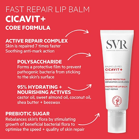 Image 1, fast repair cicavit+ core formula. active repair complex - skin is repaired 7 times faster, soothing anti mark action. polysaccharide - forms a protective film to prevent pathogenic bacteria from sticking to the skin's surface. 95% hydrating and nourishing actives - castor oil, sweet almond oil, coconut oil, shea butter and beeswax. prebiotic sugar - rebalances skin's flora by stimulating growth of beneficial bacterial flora to optimise the speed and quality of skin repair. image 2, 7 times faster healing for damaged, delicate lips. how to use = apply to the lips as often as necessary. avoid use if lips are oozing. image 3, proven efficacy, repairing, soothing, healing effect - 95%. users love it - 95% said irritation is reduced, 91% said lips are less chapped. 91% lips are nourishes, soothed and regenerated. 99% ingredients of natural origin. melt in texture - transparent, non sticky. hypoallergenic - dermatologically tested.