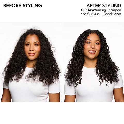 Image 1 - A split image shows a woman with curly hair on the left labeled BEFORE STYLING and the same woman with defined curls on the right labeled AFTER STYLING along with the text Curl Moisturizing Shampoo and Curl 3-in-1 Conditioner.
Image 2 - A purple background features the text Bb. Curl at the top, followed by a description of the curl collection enhanced with oils and butters to moisturize hair, and lists five ingredients: Jojoba Oil, Avocado Oil, Coconut Oil, Cocoa Butter, and Shea Butter.
Image 3 - A white bottle of Bumble and bumble Curl Moisturizing Shampoo in the center, surrounded by icons representing the benefits: gentle, oil-infused, reduces frizz, no sulfate cleansers, leaves hair shiny, moisturizes, and detangles.