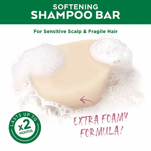 Image 1, hydrating shampoo for normal hair, lasts up to 2x months,extra foam formula. Image 2,HOW TO USE YOUR
SHAMPOO BAR 1 Wet hair & shampoo bar to make it foam 2 Hold the Bar & lather from root to tips. Keep massaging,rinse thoroughly 3 Store in a box or dry place Image 3, cruelty free international all garnier products are offically approved by cruelty free in international under the leaping bunny program