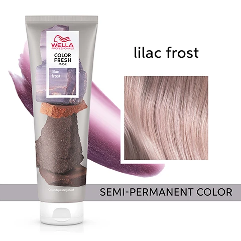 Image 1 - A tube of Wella Professionals Color Fresh Mask labeled lilac frost is shown next to a close-up image of light-colored hair, with visible text reading SEMI-PERMANENT COLOR.
Image 2 - Image shows a side-by-side comparison of hair before and after a color treatment, with the left side displaying long, blonde hair labeled before and the right side showing wavy, lilac-colored hair labeled after, along with the text indicating Color Fresh Mask Lilac Frost applied to all the hair.
Image 3 - A woman with long, wavy, light pink hair is shown in profile against a gray background, with the text that reads moisturized and smooth hair.
Image 4 - Image shows the back of a person with wavy, pastel pink hair, flanked by two swatches of color and text that reads ZERO DAMAGE formula.
Image 5 - Image shows a side-by-side comparison of hair color before and after a treatment, with descriptions indicating Before on the left and After on the right, including phrases regarding pre-lightened or balayage/highlights, and a note at the bottom stating results not noticeable on darker levels.
Image 6 - A bottle of Wella Professionals Color Brilliance Shampoo with a red label and a matching tube of Color Brilliance Conditioner are positioned side by side, with the text FOR BEST RESULTS use with: above them.
Image 7 - Image shows a flat lay of ten tubes of hair color products in various natural shades arranged in two rows, with the title 9 NATURAL LOOKING shades displayed at the top.