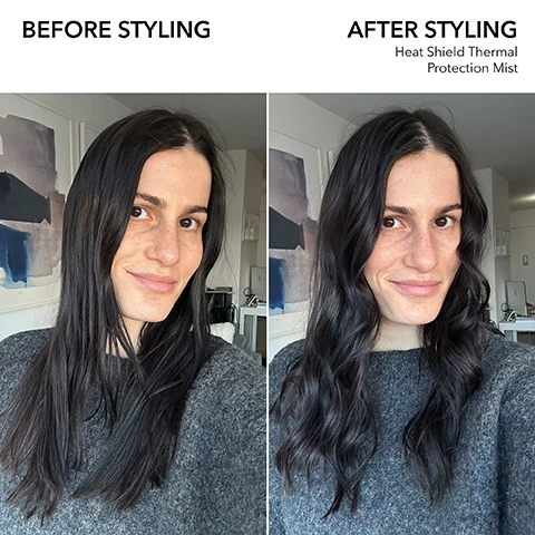 Image 1 - A woman with long dark hair is shown in two images side by side; the left shows her hair straight before styling, and the right displays her hair in loose waves after styling, with visible text reading BEFORE STYLING on the left and AFTER STYLING with Heat Shield Thermal Protection Mist on the right.
Image 2 - A bottle of Bumble and Bumble Heat Shield Thermal Protection Mist against a neutral background, featuring the text HEAT PROTECTION SPRAY and PROTECTS AGAINST HEAT TOOLS UP TO 450°F/232°C.
