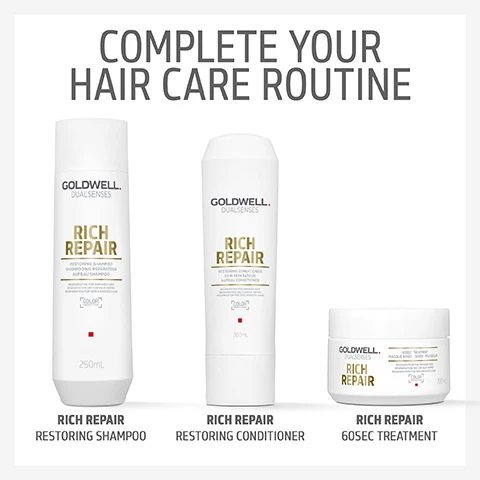 image 1, complete your hair care routine. rich repair restoring shampoo, conditioner and 60 second treatment. image 2, why is it so special? instantly reconstructs and reawakens the shine of natural hair. minimises colour fading. image 3, did you know? with intralipid complex, which repairs hair from the inside out. image 4, instantly reconstructs. reawakens the shine of natural hair. minimises colour fading with fade stop formula. image 5, why is it so special? restores severely damaged hair structures from deep inside. rebuilds the hair fibre. image 6, did you know? with intralipid complex, which repairs hair from the inside out. image 7, restores severely damaged hair structures from deep inside instantly. rebuilds hair fibre up to 100% in 60 seconds. ensures a healthy hair feeling.