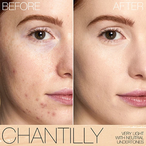 Image 1 - Image showing a side-by-side comparison of a womans face labeled Before on the left and After on the right, with visible skin imperfections on the left and a smooth complexion on the right, along with the text CHANTILLY and VERY LIGHT WITH NEUTRAL UNDERTONES at the bottom.
Image 2 - Three arms showing various skin tones and swatches of foundation shades are displayed, with labels on the left arm including Chantilly, Affogato, Vanilla, Nougatine, Madeleine, Café au Lait, Crème Brûlée, Café con Leche, Cannelle, Marron Glacé, and Honey; the middle arm includes Crema Catalana, Custard, Toffee, Macadamia, Tiramisu, Ginger, Praline, Biscuit, Sucre dOrge, and Caramel; and the right arm shows Chestnut, Walnut, Truffle, Amande, Hazelnut, Chocolat, Café, Cacao, and Dark Coffee.
Image 3 - An arrangement of concealer tubes against a light background with large text stating #1 CONCEALER IN THE U.K.*, 16-HOUR WEAR, 24-HOUR HYDRATION, and CREASE-RESISTANT, along with a footnote about the source of the information.
Image 4 - Image shows six faces of diverse women smiling, with sections labeled at the bottom indicating specific skin concerns: REDNESS, UNDEREYE CIRCLES, FINE LINES, and BLEMSHES.
Image 5 - A creamy beige makeup product is swiped across the image with a brush applicator, accompanied by the text stating radiant results, evens skin tone with mineral-tone balancing powder, smooths the look of skin with light-diffusing mineral powder, and hydrates and firms with a multi-active botanical blend.
Image 6 - A grid of eight headshots of individuals showcasing different skin tones labeled as light shades, including Chantilly, Affogato, Vanilla, Nougatine, Madeleine, Café au Lait, Crème Brulée, Café con Leche, Cannelle, Marron Glacé, and Honey, with descriptions of their undertones.
Image 7 - A close-up of a woman with glowing skin holding a makeup product, with the text SWIPE ON, SWEAR BY. 97% agree this product is lightweight and comfortable* 95% agree their skin looked smoother* 93% agree it brightens the eye area* displayed alongside her.
Image 8 - Image shows a three-part comparison of a womans face labeled Before, Application, and After, highlighting the effects of makeup, with visible text indicating that the model is wearing Radiant Creamy Concealer and Pure Radiant Tinted Moisturizer.
Image 9 - An infographic comparing shades of NARS Light Reflecting Foundation and Radiant Creamy Concealer, featuring shade names like Siberia, Oslo, Affogato, and Chantilly.
Image 10 - The image features various NARS cosmetic products including a glass bottle of Light Reflecting Foundation, a compact of Light Reflecting Setting Powder, a tube of Radiant Creamy Concealer, and a jar of Light Reflecting Eye Brightener, with text describing each products benefits.
