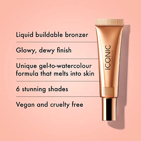 A tube of liquid bronzer labeled ICONIC LONDON on a soft pink background, accompanied by text highlighting features: Liquid buildable bronzer, glowy dewy finish, unique gel-to-watercolour formula that melts into skin, 6 stunning shades, vegan and cruelty free.