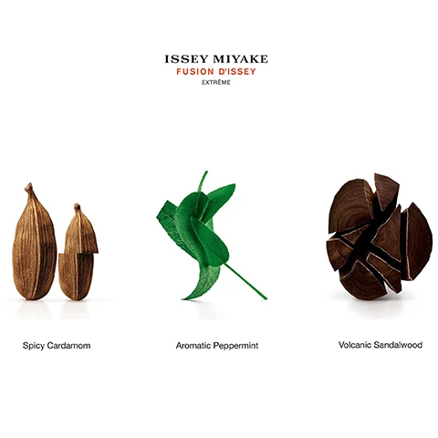 image 1, spicy cardamom, aromatic peppermint and volcanic sandalwood. image 2, woody spicy fragrance, cardamom, mint peperita and sandalwood essences. image 3, eau de toilette is powerful and mineral. eau de toilette intense extreme is intense and spicy. image 4, fusion d'issey extreme eau de toilette intense - woody spicy. dusion d'issey eau de toilette - woody aromatic