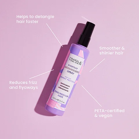 Helps to detangle hair faster Smoother & shinier hair Reduces frizz and flyaways EVERYDAY DETANGLING SPRAY WHEAT PROTEIN MOISTURISES NOURISHES STRENGTHENS FINE/MEDIUM HAIR 150ml/58 PETA-certified & vegan