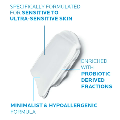 Image 1 - Image of a creamy white product smear on a white background with text that states specifically formulated for sensitive to ultra-sensitive skin, enriched with probiotic derived fractions, and minimalist & hypoallergenic formula.
Image 2 - A bottle of La Roche-Posay Toleriane Dermo-Cleanser labeled as CLEANSER, a blue dropper bottle of Toleriane Ultra Dermallergo Serum labeled as SERUM, and a white pump bottle of Toleriane Dermallergo Moisturiser labeled as MOISTURISER, all arranged with large blue numbers 1, 2, and 3 above each product.
Image 3 - Three circular images with blue-themed backgrounds show the following text: SPHINGOBIOMA, PROBIOTIC DERIVED FRACTIONS; NEUROSENSINE, DIPEPTIDE DERIVATIVE, a protein component, that can be naturally found in the body; THERMAL WATER, FROM LA ROCHE POSAY, FRANCE, a key ingredient in all formulas.
Image 4 - A clear bottle of La Roche-Posay Toleriane Dermallergo cream with a pump top is displayed alongside phrases stating UP TO 48HR HYDRATION, IMMEDIATE RELIEF, and HELPS REINFORCE SKIN BARRIER.
Image 5 - A cosmetic product bottle with a pump top displays various multilingual usage instructions and claims, including the text clinically proven to reduce signs of skin sensitivity such as dryness, tightness & itchiness.