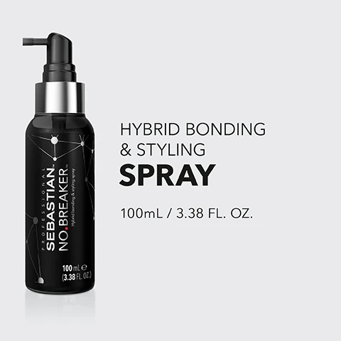 Image 2 - A black spray bottle labeled SEBASTIAN NO.BREAKER with a pump top, accompanied by the text HYBRID BONDING & STYLING SPRAY 100mL / 3.38 FL. OZ.
Image 4 - Image showing instructions for hair product use with icons; the visible text reads HOW TO USE, SHAKE, SPRAY EVENLY ON DAMP HAIR FROM ROOTS TO ENDS, BLOW DRY AND STYLE AS USUAL, FOR BEST RESULTS USE 1X PER WEEK.
Image 5 - Image shows two side-by-side comparisons of hair; the left side has curly, textured hair labeled as BEFORE and the right side displays smooth, straight hair labeled as WITH THE NO.BREAKER SYSTEM, with additional text that reads *After application of pre-shampoo, mask, spray, leave-in cream, and styling.
Image 6 - A model with long, wavy hair wearing a light-colored top is featured on a simple background, promoting the No.Breaker Bonding System for stronger and deeply nourished hair, with text highlighting benefits and a disclaimer about breakage comparison.
Image 7 - Image shows molecular structures on a light background with the text FORMULATED WITH APPLE ACID, CARING INGREDIENTS AND STYLING POLYMERS* *When using as a system.